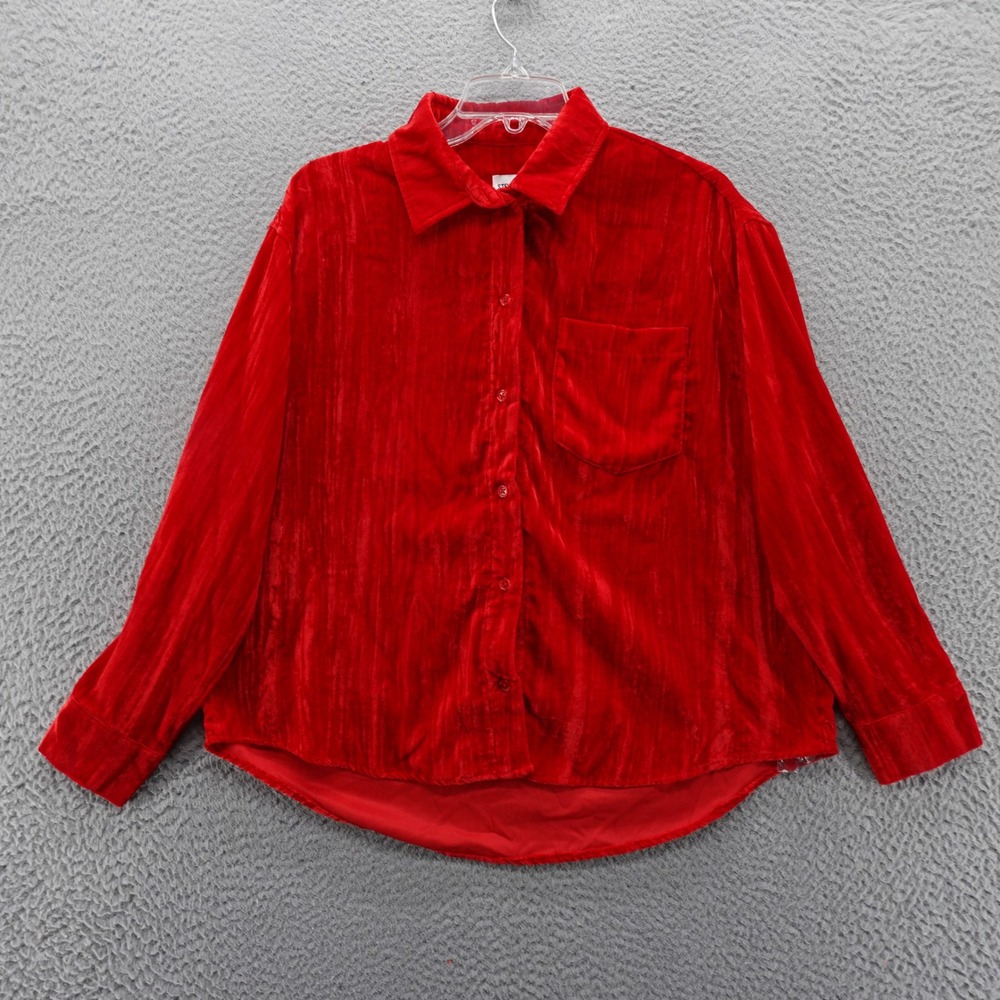 Steve Madden Womens Red Crushed Velvet Button Up Shirt XS Oversized NEW - Picture 1 of 13